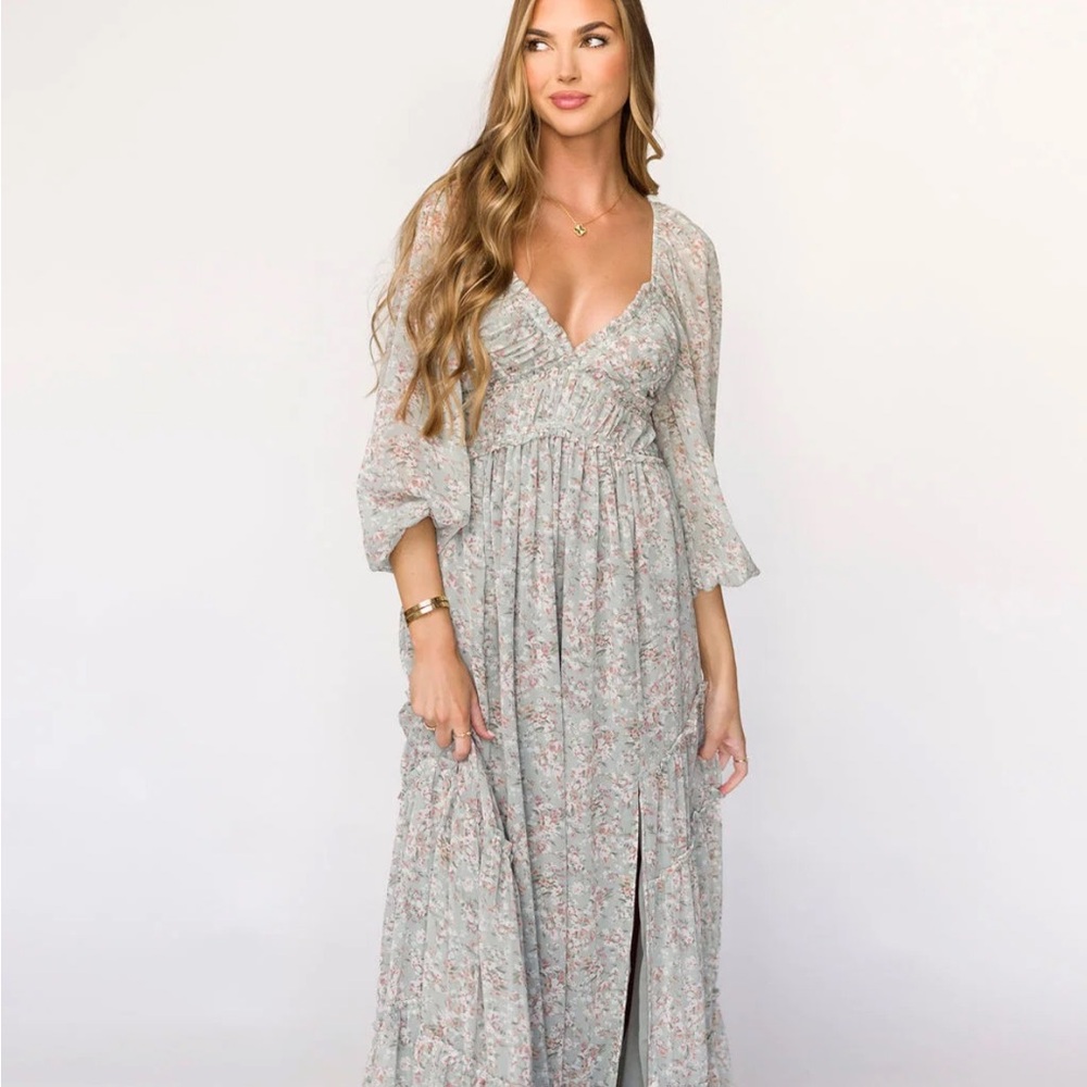 Floral Maxi Dress with Split - Sage Green